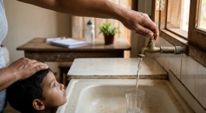 Foto de banco de imagens mostra um close de uma mão feminina adulta segurando uma torneira aberta em uma pia e enchendo um copo americano de água, observada por um menino que parece aguardar para tomar a água.