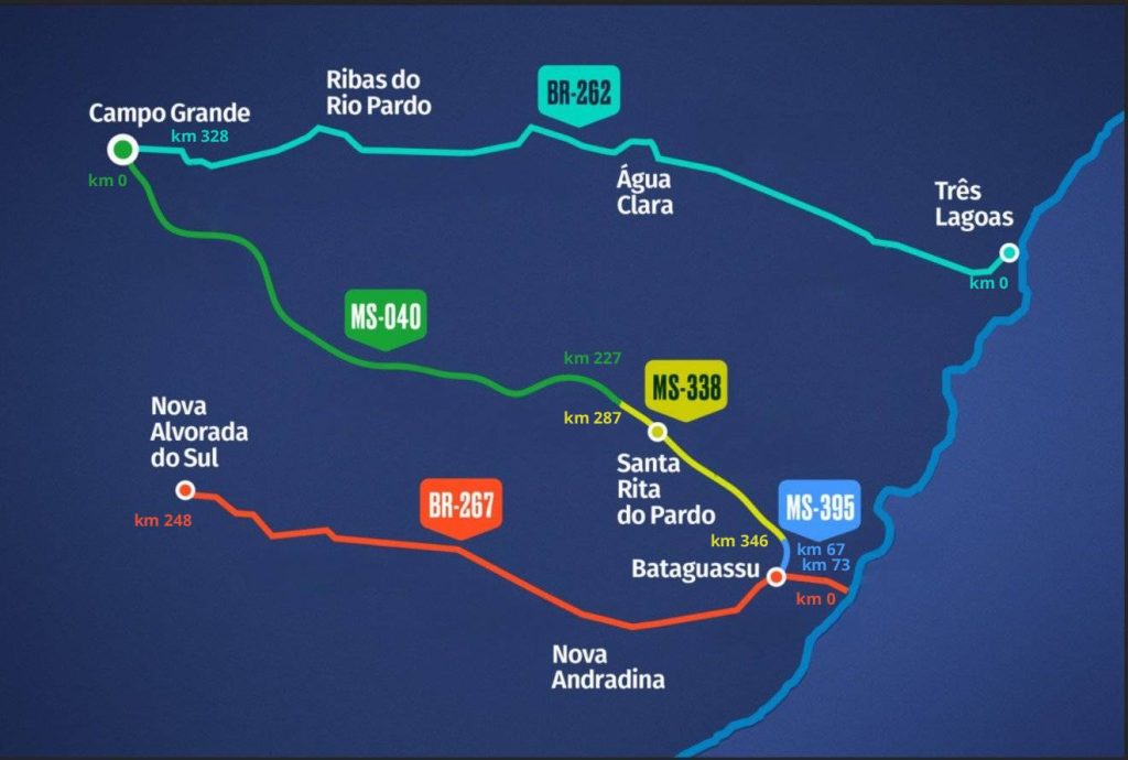 Mapa Azul com linhas coloridas demonstram as rodovias de MS