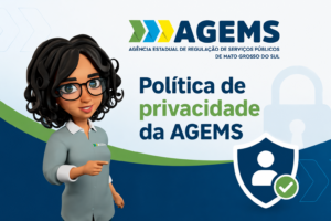 GEGE nossa atendente virtual apontando para a Politica de privacidade da AGEMS.