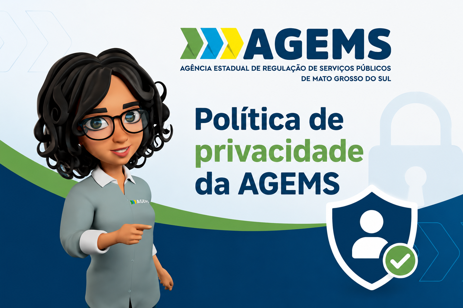 GEGE nossa atendente virtual apontando para a Politica de privacidade da AGEMS.
